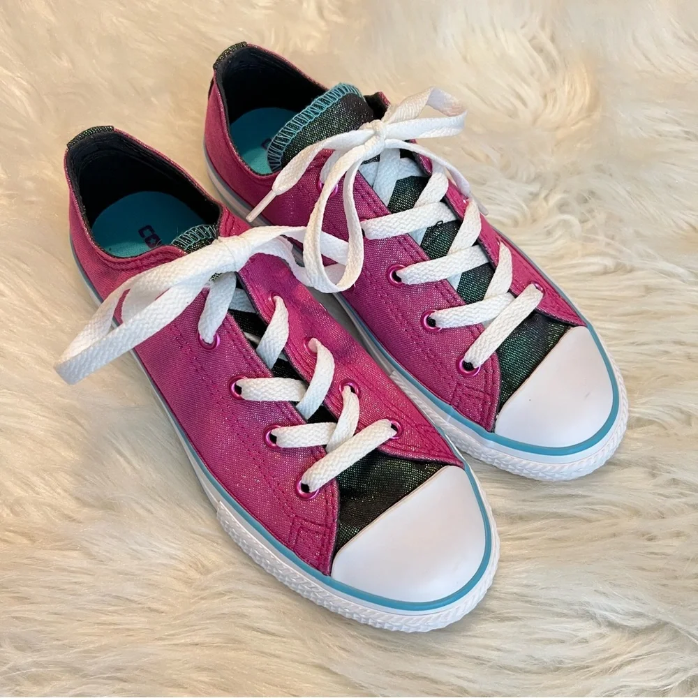 Converse All Star Sneakers Shoes Size 2 Youth Pink Sparkle Shine Double Tongue